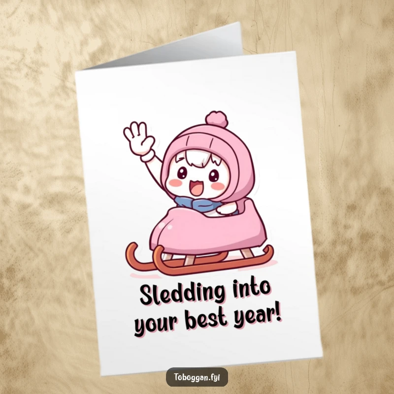 Funny Free Printable Birthday Card: Cute character waving triumphantly from a sled, celebrating a fantastic birthday.