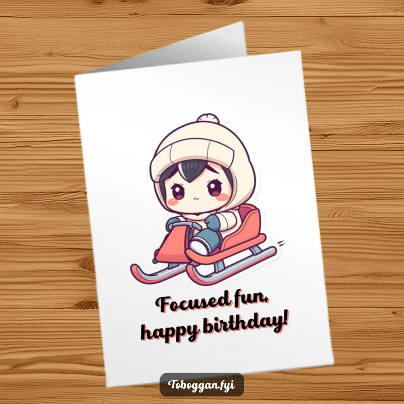 Funny Free Printable Birthday Card: Character with exaggerated focus steering a sled down a path. Intense downloadable humor.