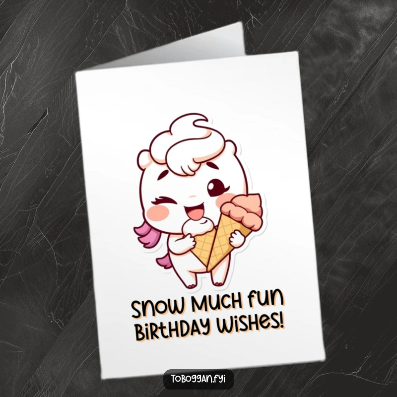 Funny Free Printable Birthday Card: A delighted character with a mischievous grin winks while holding a snowball, ready for birthday fun.