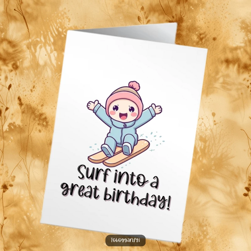 Funny Free Printable Birthday Card: A happy character arms outstretched surfing down a snowy slope, embodying birthday exhilaration and humor.