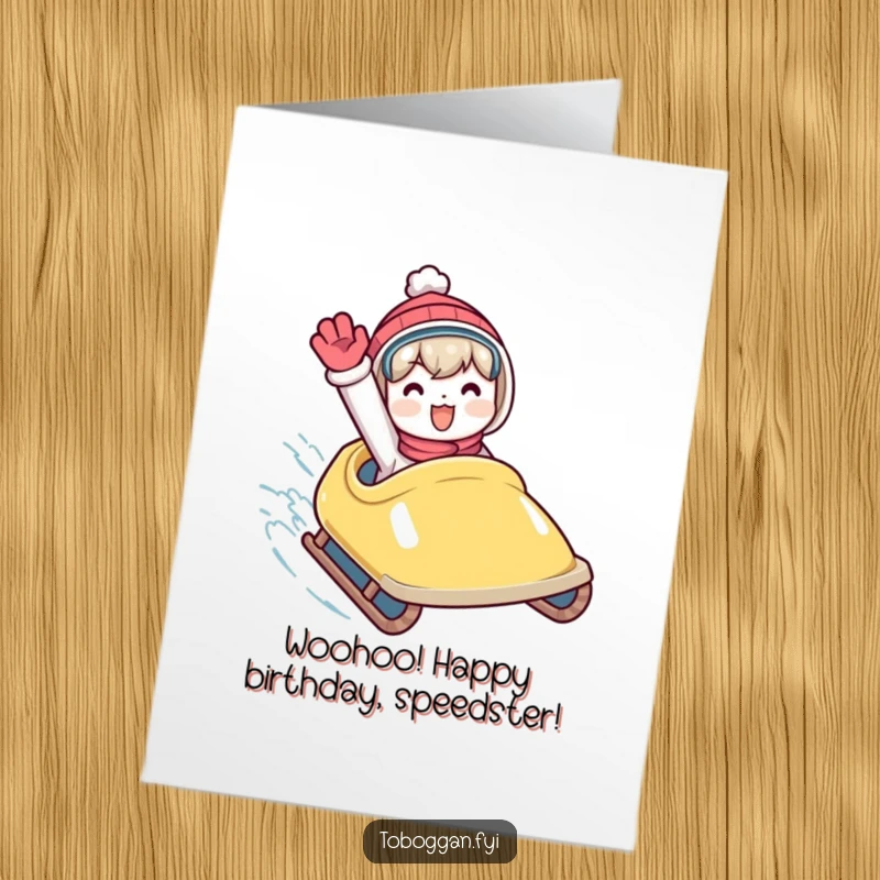 Funny Free Printable Birthday Card: Character enthusiastically waving from a fast-moving toboggan. A joyful downloadable greeting.