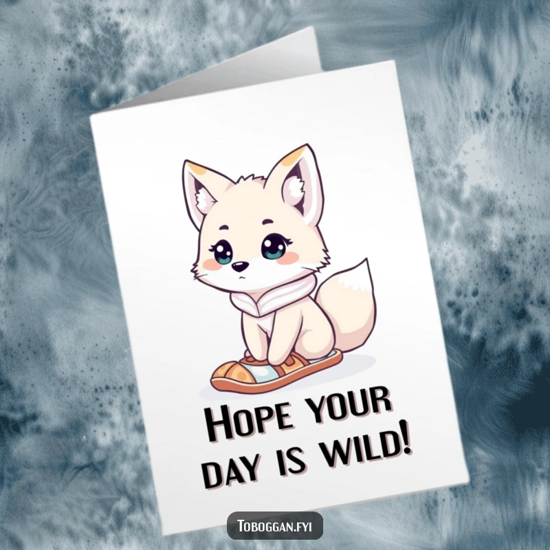 Funny Free Printable Arctic Fox Birthday Card: A curious fox with snowshoes looks adorably lost, wishing happy birthday.