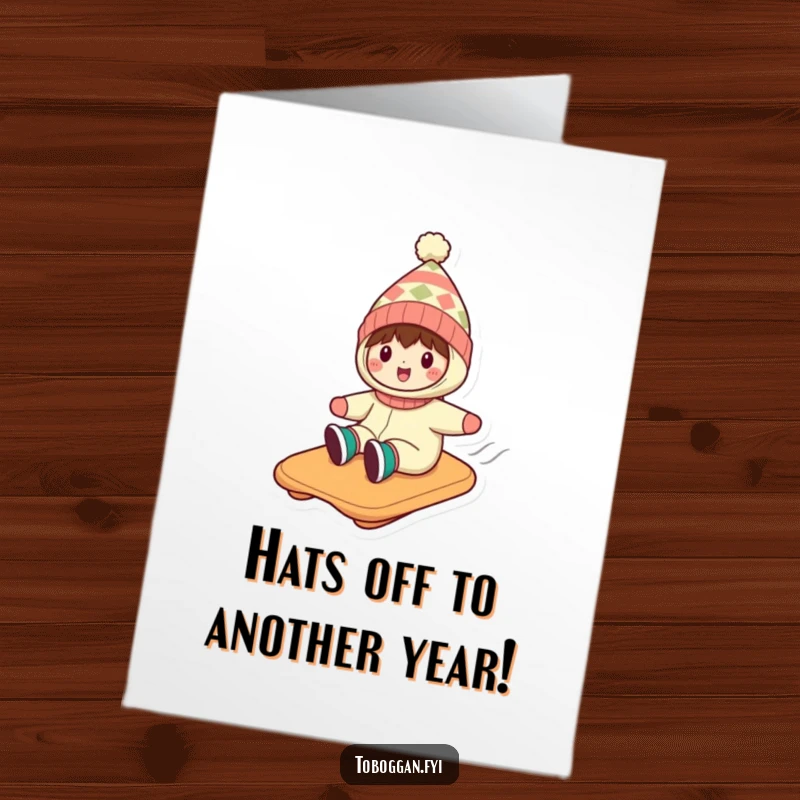 Funny Free Printable Birthday Card: Character in a silly hat joyfully tobogganing downhill, perfect for a downloadable gift.