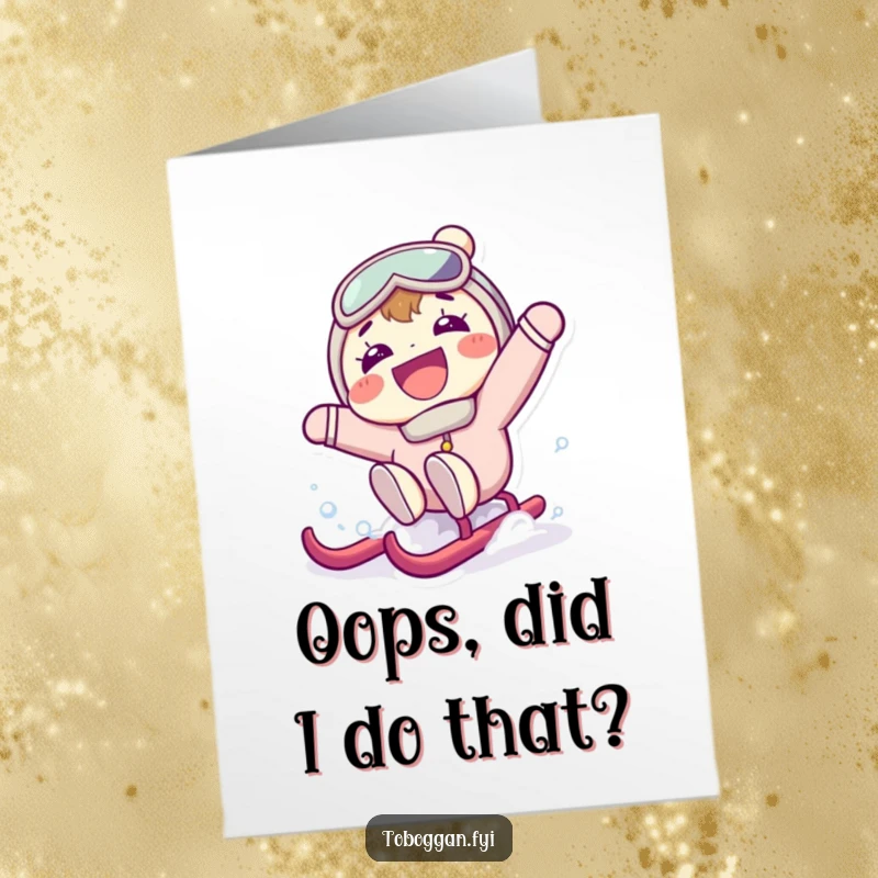 Funny Free Printable Birthday Card: Grinning character comically falling backward off a sled in surprise, ready to print.