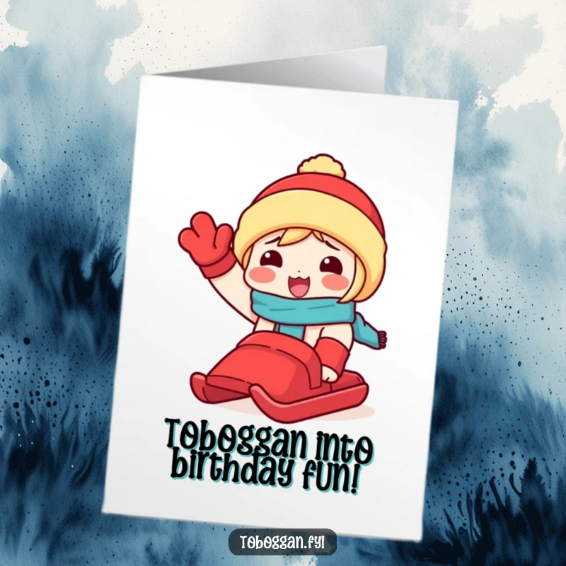 Funny free printable birthday card: a character excitedly waving a red toboggan, ready for birthday sledding fun.