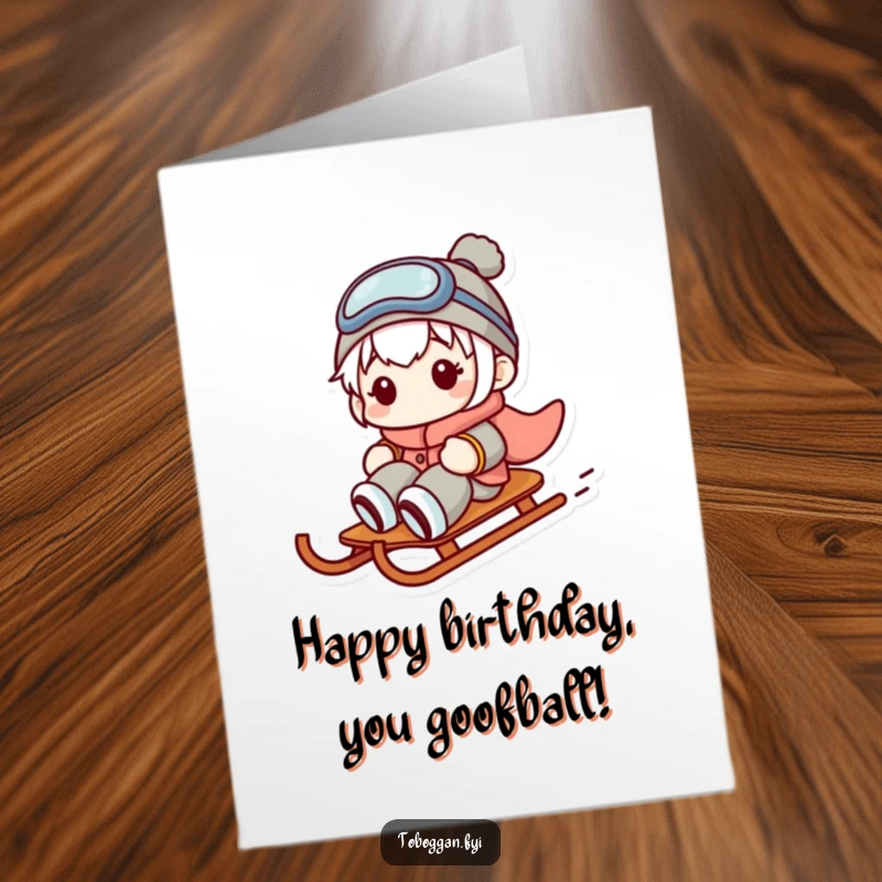 Funny Free Printable Birthday Card: Character with a panicked yet comical expression, sliding sideways on a sled.