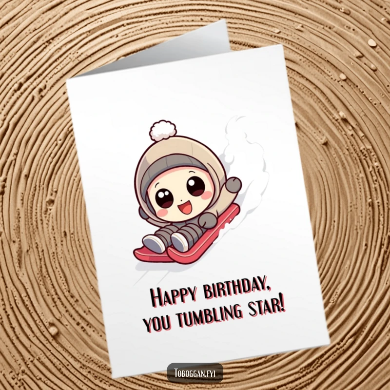 Funny Free Printable Birthday Card: Character with wide happy eyes hilariously tumbling down a sledding slope.