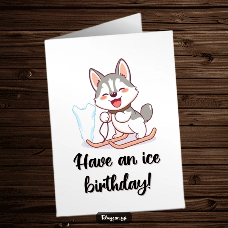 Funny Free Printable Birthday Card: Happy Husky Comically Pulling a Giant Icicle Like a Sled