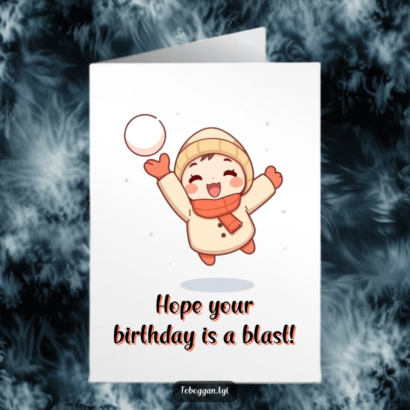 Funny Free Printable Birthday Card: Small character joyfully throwing a snowball, mid-flight, aiming for fun.