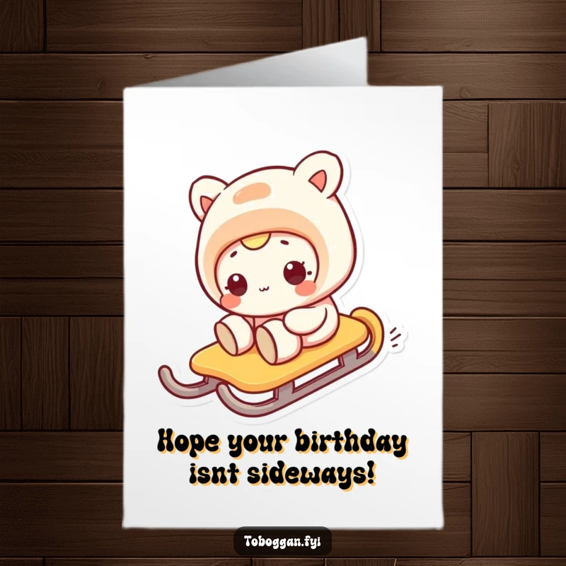 Funny free printable birthday card featuring a character hilariously sliding sideways on a sled with a panicked yet funny face.