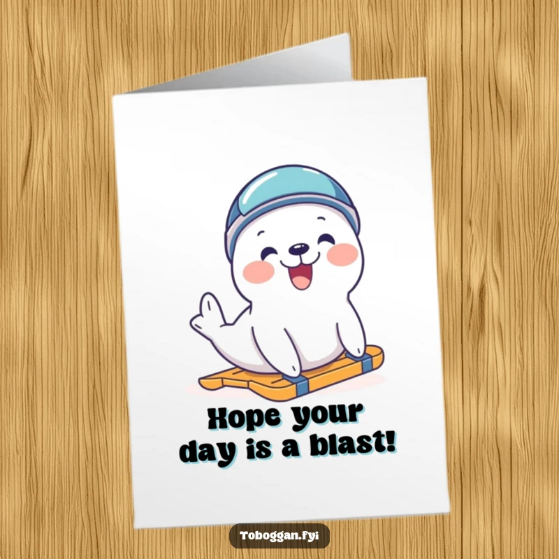 Funny Free Printable Seal Birthday Card: A delighted seal in a helmet excitedly tries to slide down a hill.