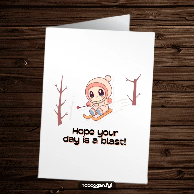 Funny Free Printable birthday card of a cute character with wide eyes, joyfully zipping down a snowy hill.