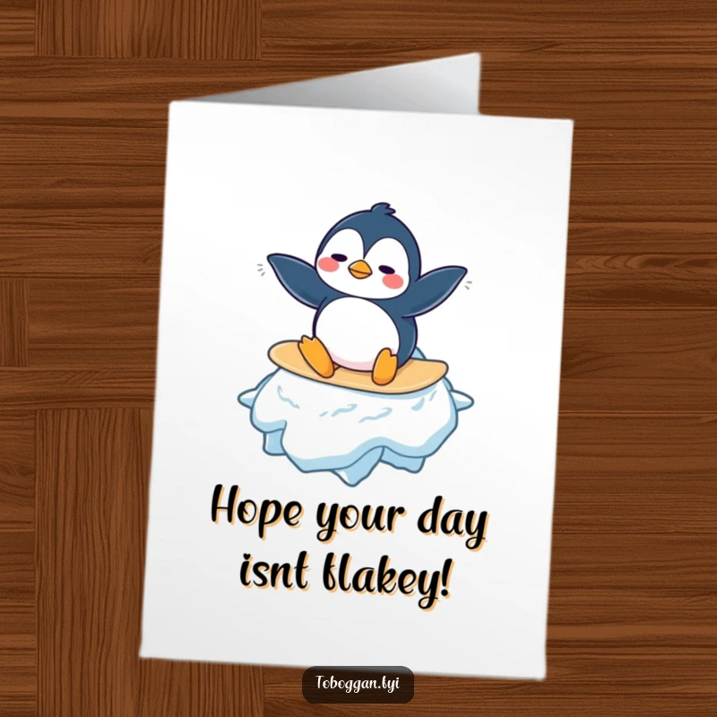 Funny Free Printable Birthday Card: Confused penguin attempts surfing on a giant snowflake, a whimsical downloadable gift.