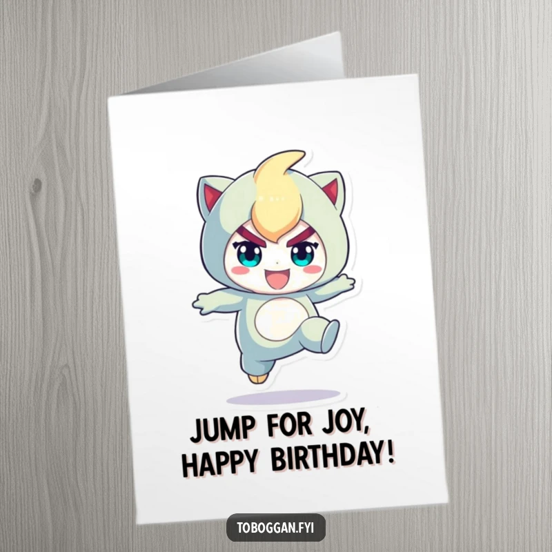 Funny free printable birthday card: a character doing a playful jump with a determined expression, ready to celebrate big.