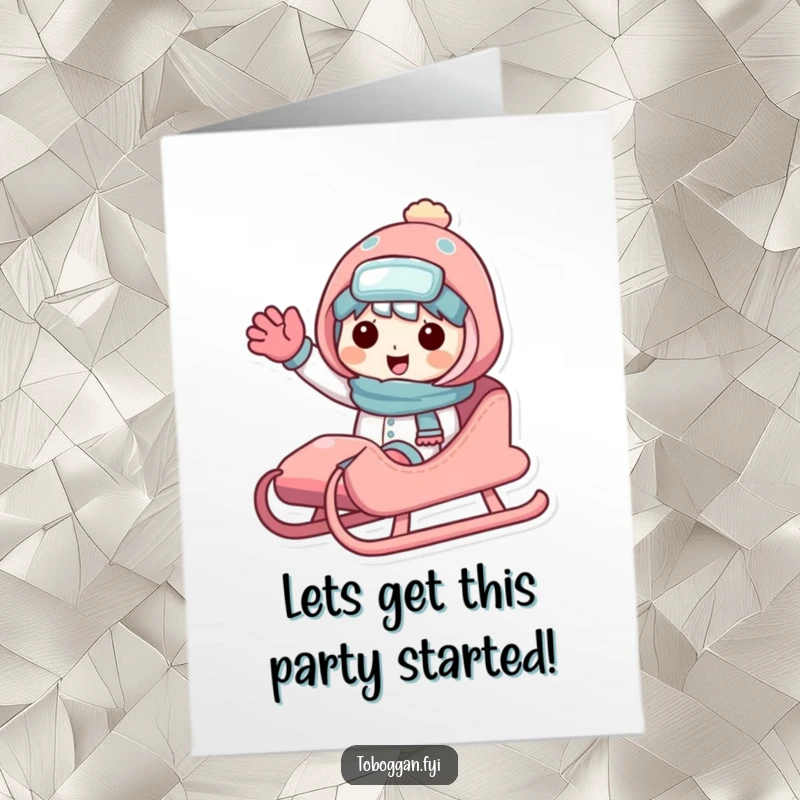 Funny free printable birthday card showing a character on a sled, offering a cheerful, friendly wave.