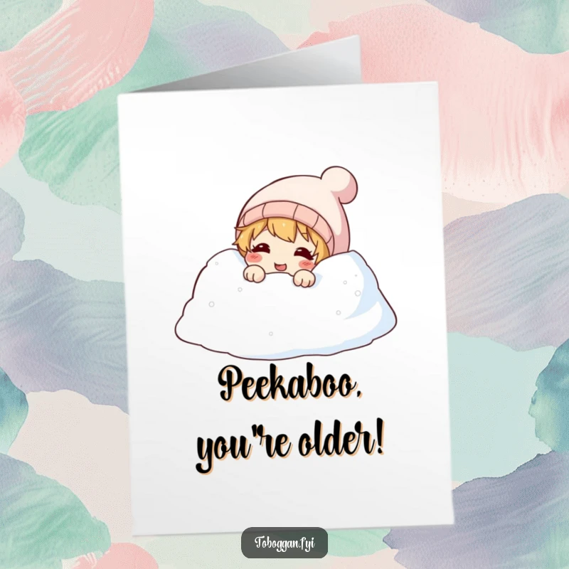Funny Free Printable Birthday Card: A mischievous character peeking from behind a snowdrift, sharing a contagious giggle.