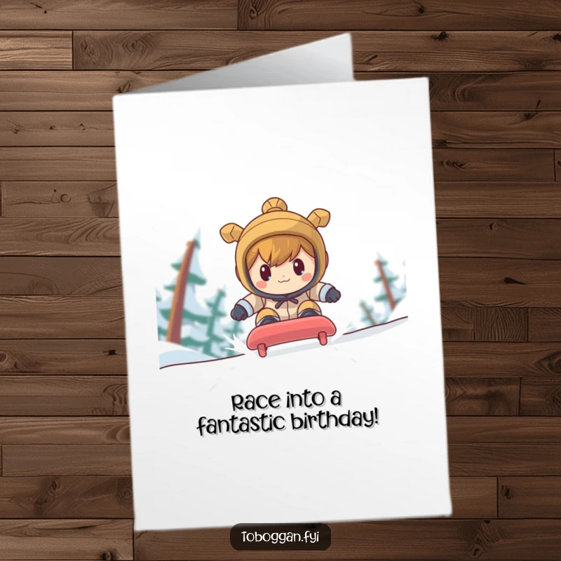 Funny Free Printable Birthday Card: A determined character focused on racing down a steep toboggan run, full of birthday drive and humor.