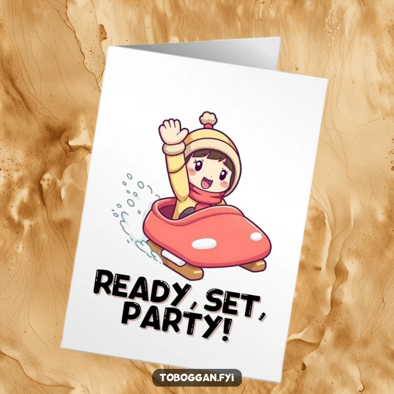 Funny Free Printable Birthday Card featuring a joyful character zooming down a snowy hill on a toboggan.