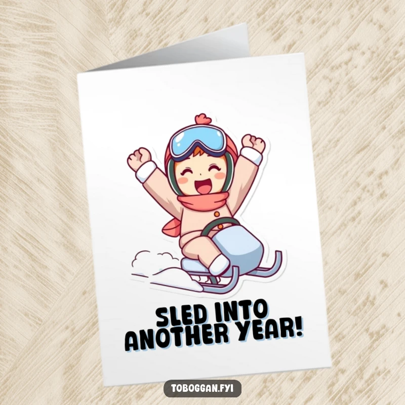 Funny free printable birthday card showing a character striking a triumphant pose after a successful sled ride, full of wintery joy.
