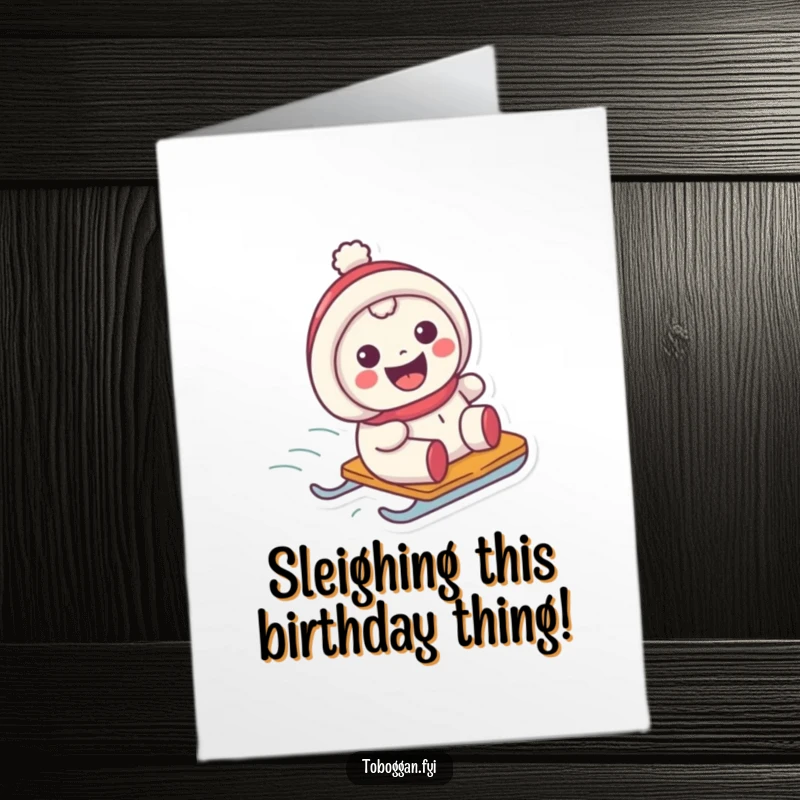 Funny Free Printable Birthday Card: Character with a huge grin sliding gleefully on a sled, radiating pure happiness.
