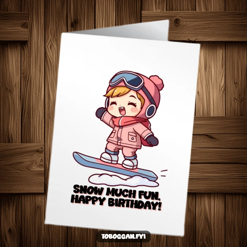 Funny free printable birthday card: a character comically balancing on a snowboard, ready to shred some laughs.