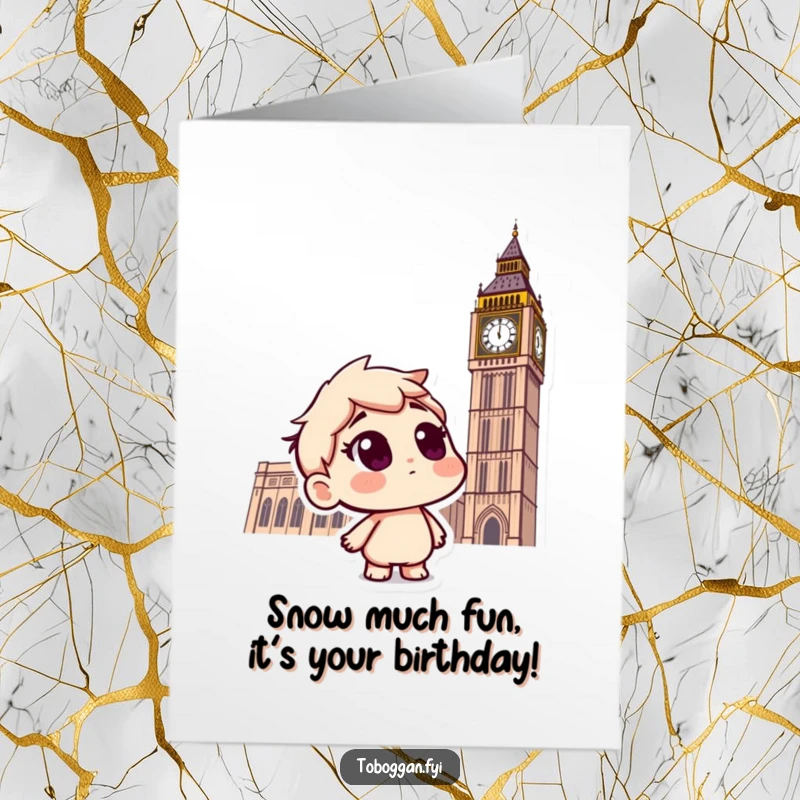 Funny Free Printable Birthday Card: Curious snowman peers up at snowflakes from toboggan, ready for a cool celebration.