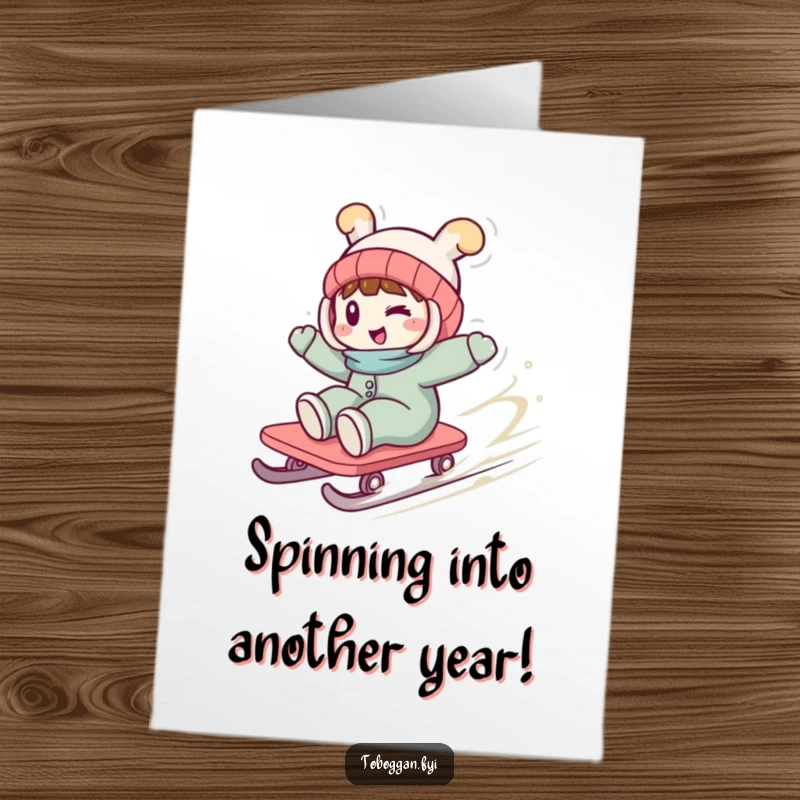Funny Free Printable Birthday Card: Character winking playfully while spinning wildly on a toboggan.