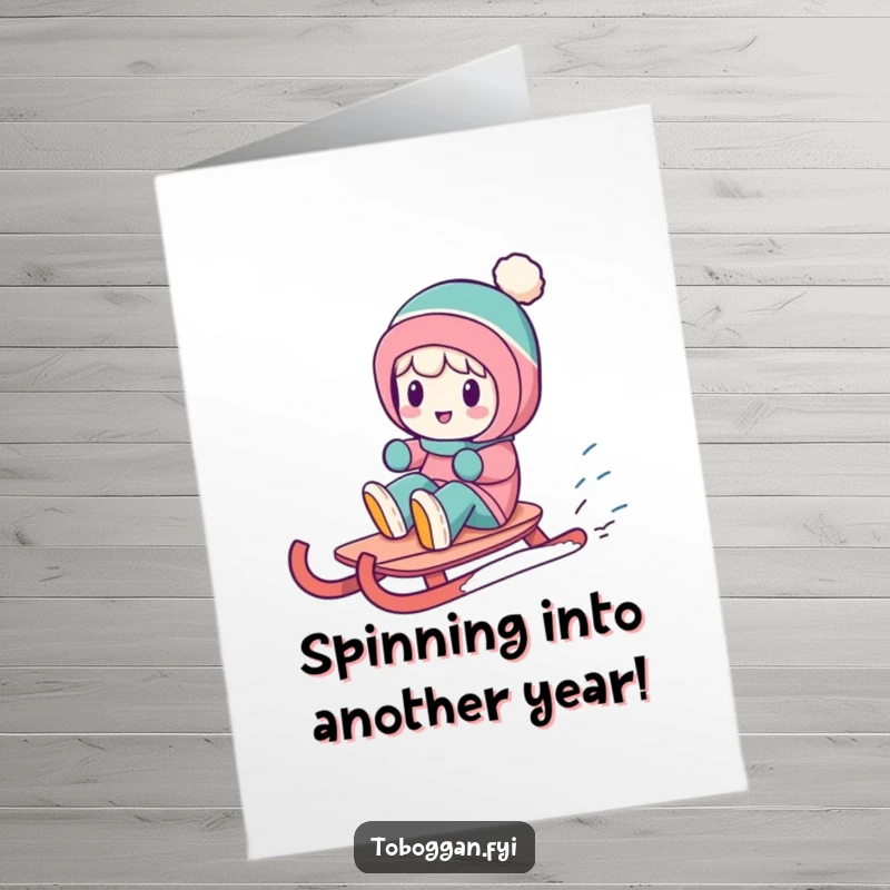 Funny Free Printable Birthday Card: Energetic character joyfully spinning on a sled, ready to deliver birthday cheer.