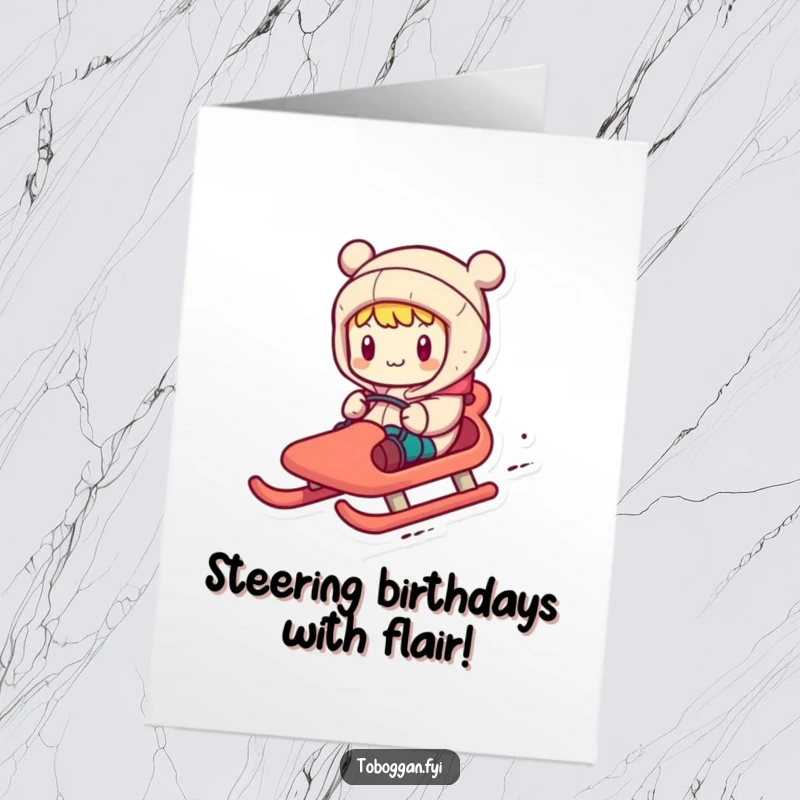 Funny Free Printable Birthday Card: Character wildly steering a toboggan with exaggerated, comical motions, heading for fun.