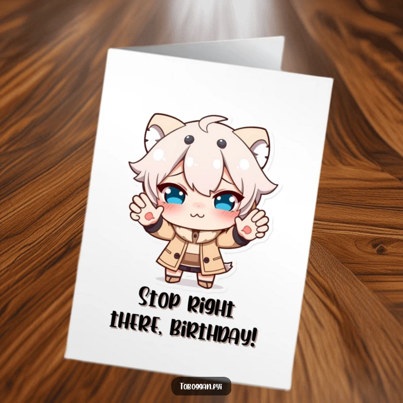 Funny free printable birthday card: a character making a funny face while attempting to stop, a comical birthday moment.