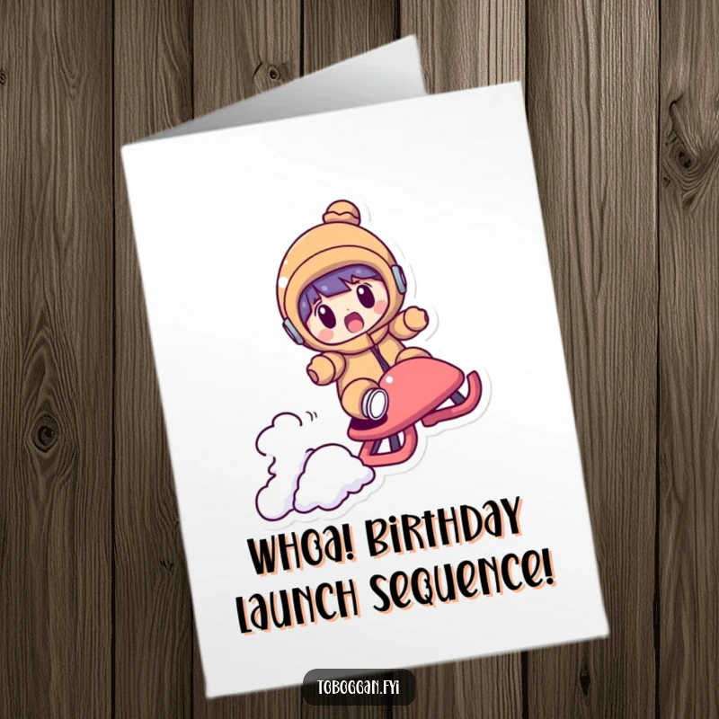 Funny Free Printable Birthday Card: Character looking shocked as their sled launches over a bump.