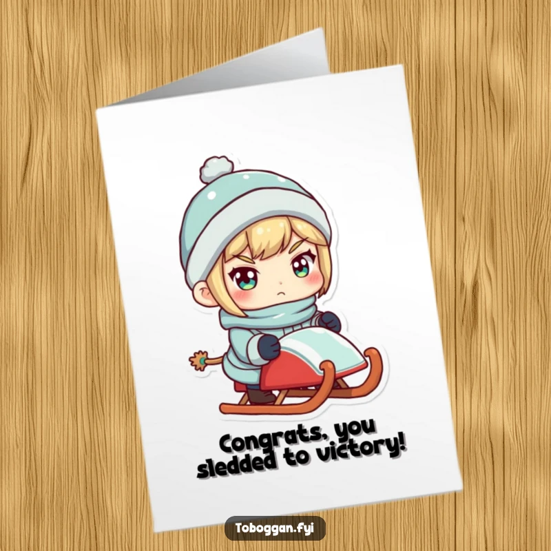 Funny Free Printable Congratulations Card of a character with a focused, determined look, holding a sled as if ready to conquer any challenge.