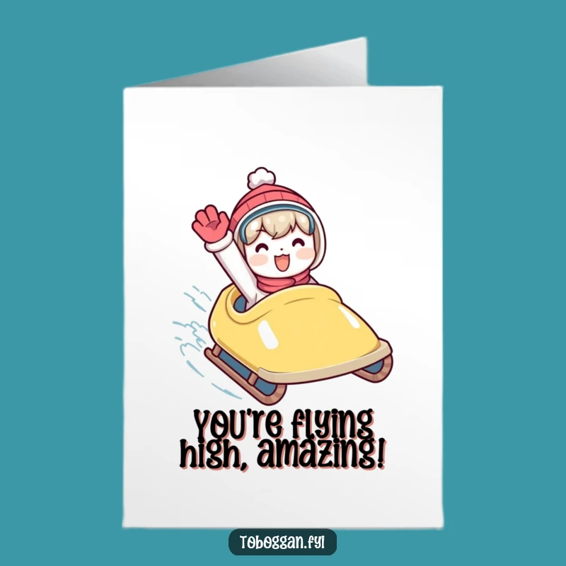Free Printable Congrats Card: Enthusiastic Toboggan Waving Character - Exuberant Downloadable Cheer