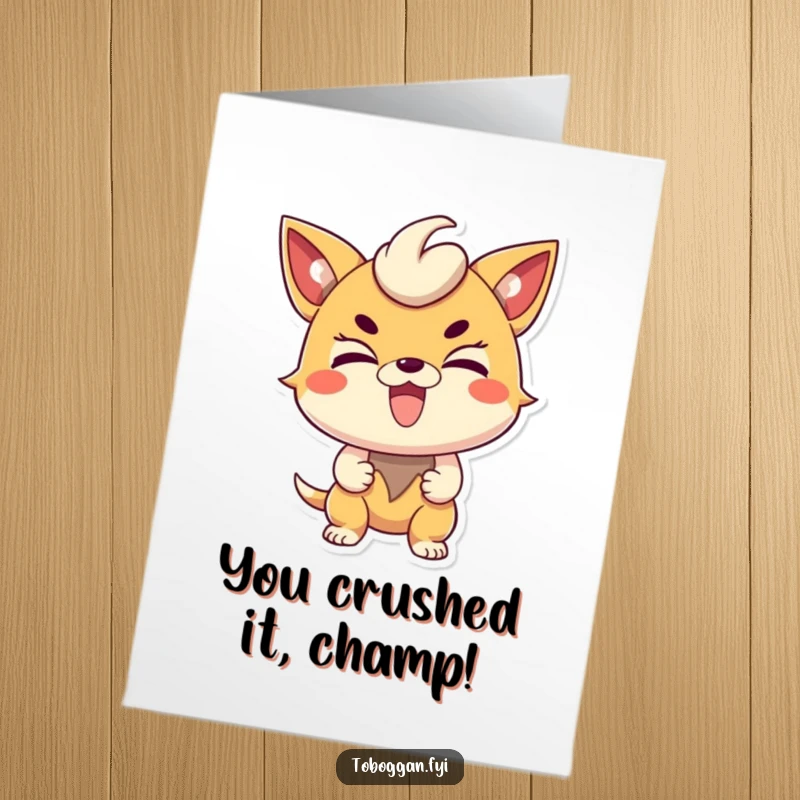 Funny Free Printable Congratulations Card: An excited character with a determined expression, celebrating an achievement.