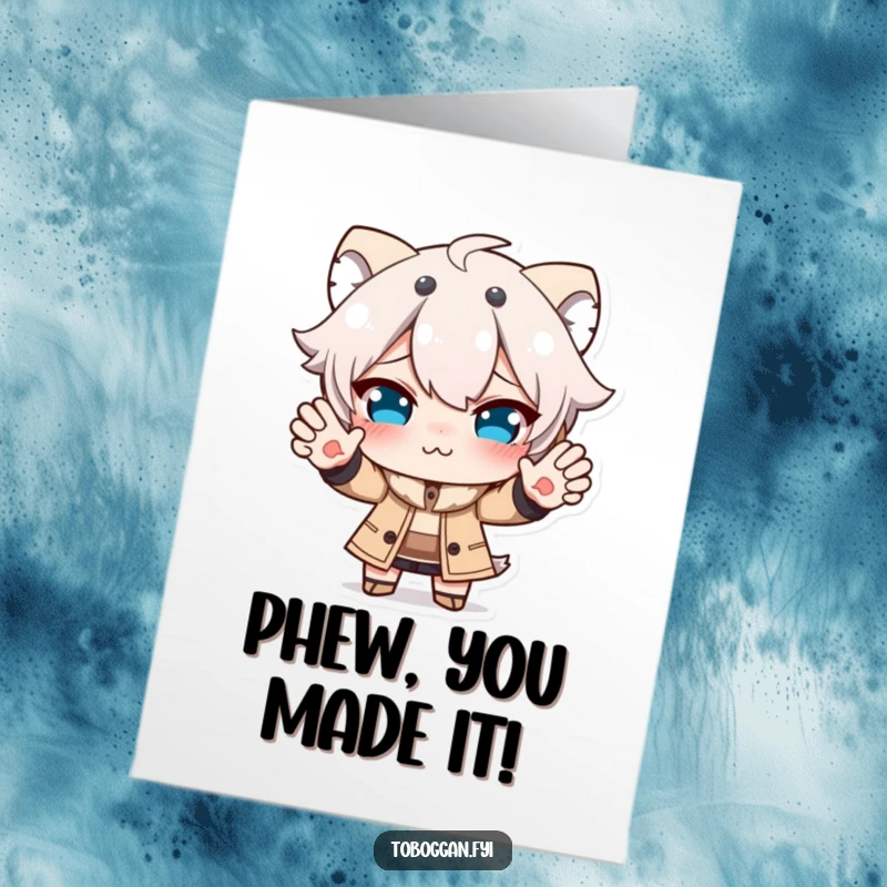 Funny free printable congratulations card: a character making a hilarious face while trying to stop, celebrating persistence.