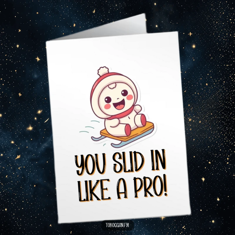 Funny Free Printable Congrats Card: Character beaming with a wide smile while sledding, celebrating success with pure delight.