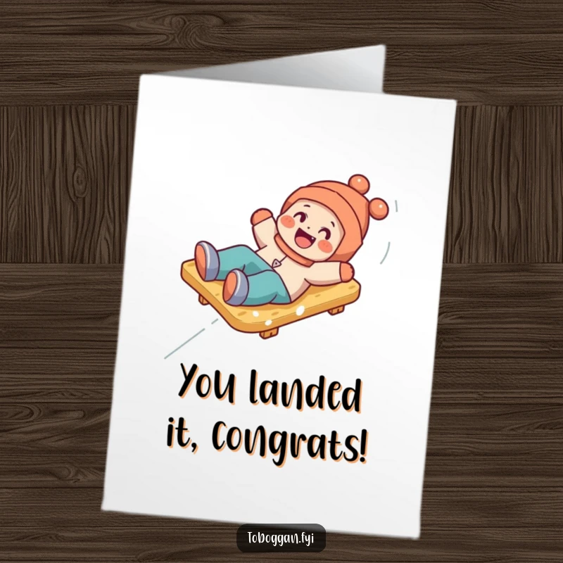 Funny Free Printable Congrats Card: Character tumbling playfully from a toboggan, celebrating achievement with a humorous twist.