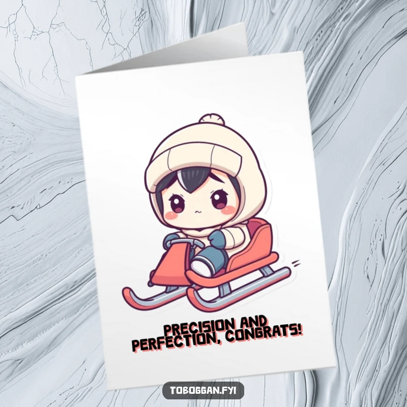 Funny Free Printable Congratulations Card: Character intensely focused on steering a sled, determined expression. A downloadable celebration.