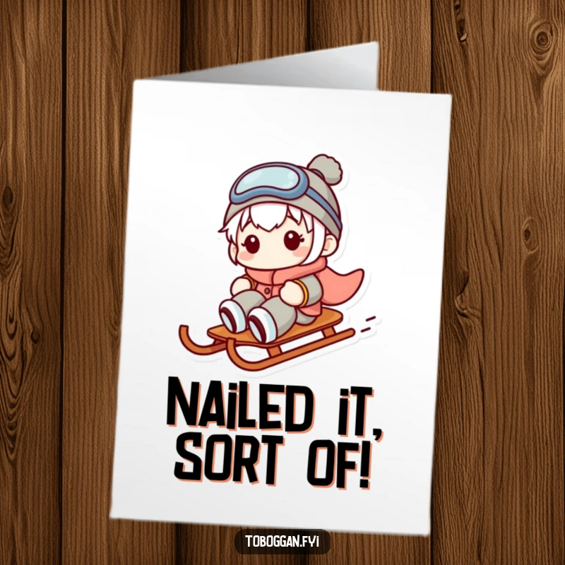 Funny Free Printable Congratulations Card: Character looking bewildered while their sled veers dramatically off course.