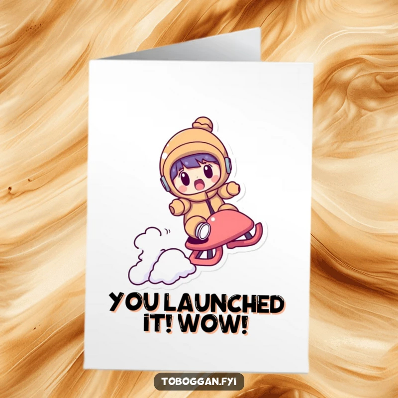 Funny Free Printable Congrats Card: Character shocked as their sled flies airborne over a small bump.