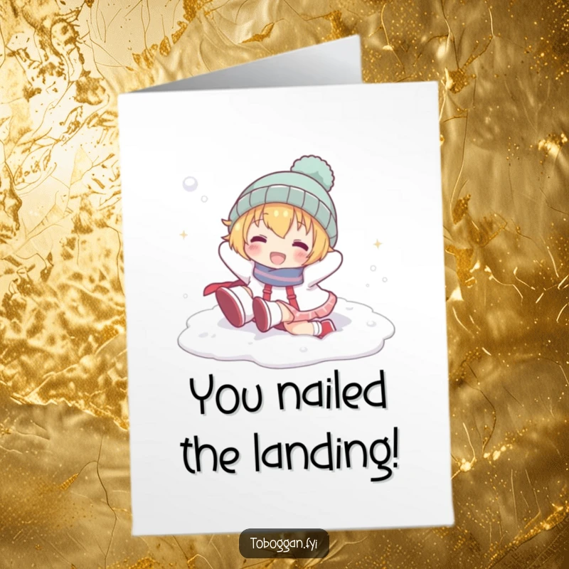 Funny Free Printable Congratulations Card: Character playfully tumbling head over heels in snow, celebrating a breakthrough.