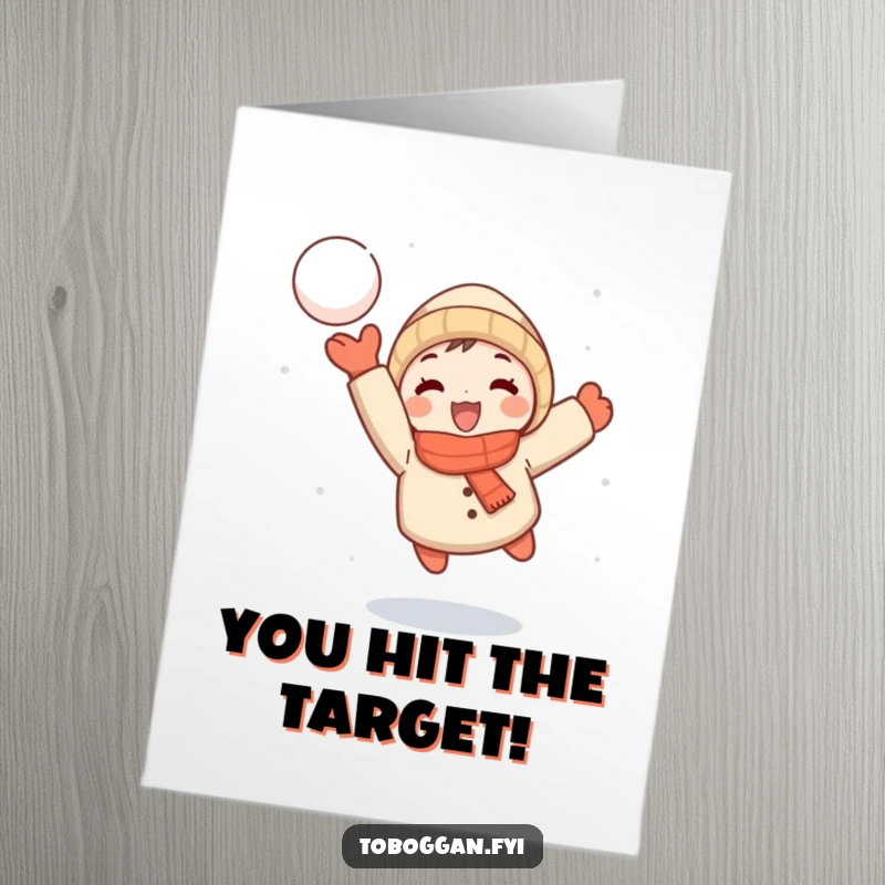 Funny Free Printable Congratulations Card: Small character joyfully throwing a snowball, mid-flight, celebrating victory.