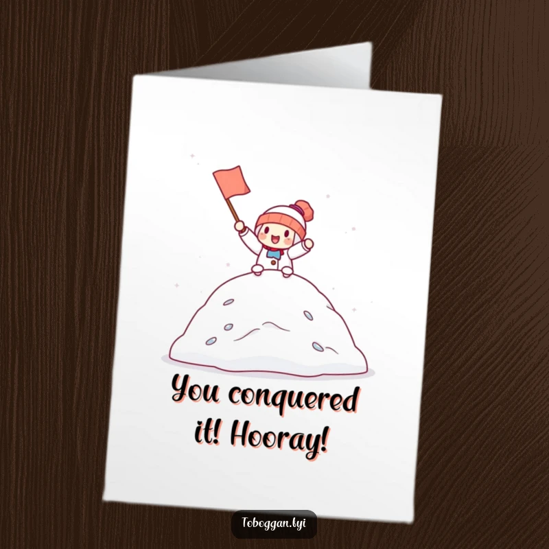 Funny Free Printable Congrats Card: Character with tiny flag cheering triumphantly from a snowdrift peak.