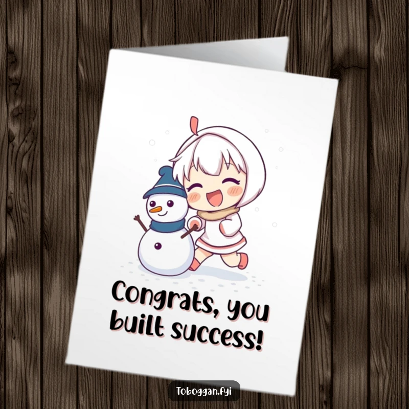 Funny Free Printable Congratulations Card featuring a character with an excited expression, energetically pushing a small snowman they've built.
