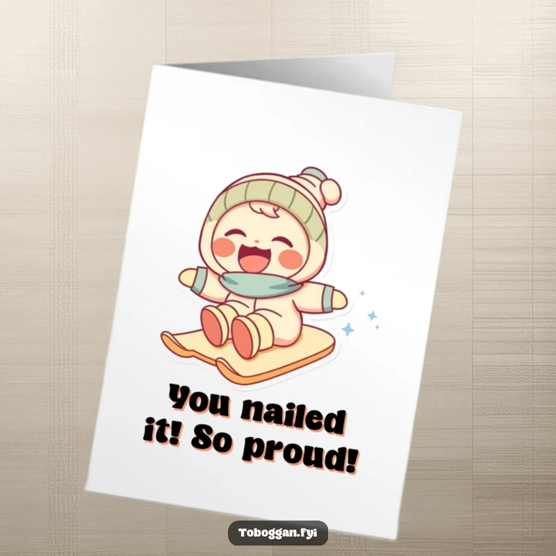 Funny Free Printable Congratulations Card: Character speeding down a snowy hill, pure exhilaration and laughter. A celebratory downloadable.