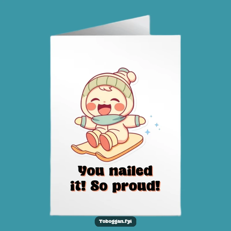 Free Printable Congrats Card: Snowy Slide Celebration Character - Cheerful Downloadable Gift