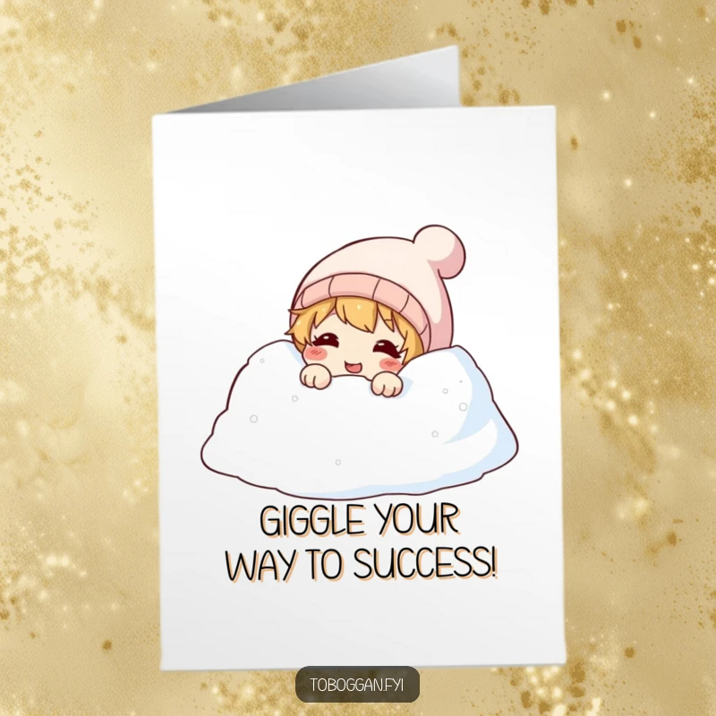 Funny Free Printable Congratulations Card: A playful character peeking from a snowdrift, sharing a delightful giggle of triumph.