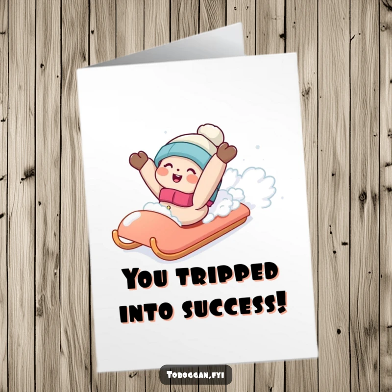 Funny Free Printable Congratulations Card: Character humorously falling backwards into snow from a sled, a funny way to congratulate.
