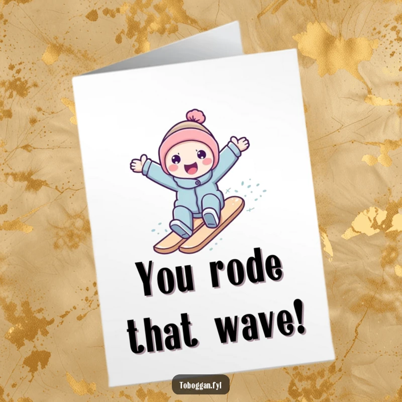 Free Printable Congratulations Card: A happy character with arms outstretched surfs down a snowy slope, celebrating a successful run.