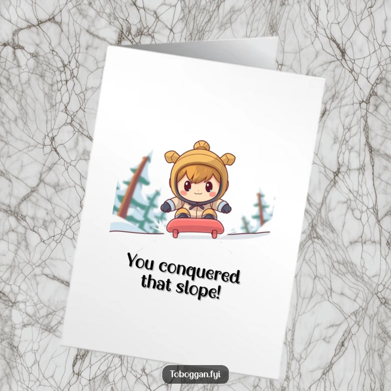 Free Printable Congratulations Card: A determined character with a focused expression races down a steep toboggan run, celebrating a win.